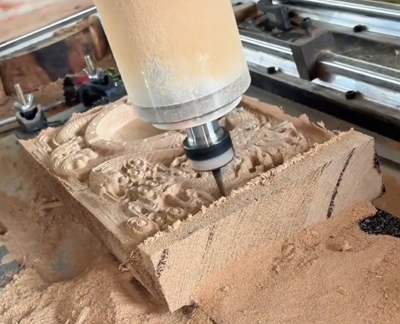 Close up of CNC engraving machine working on wood