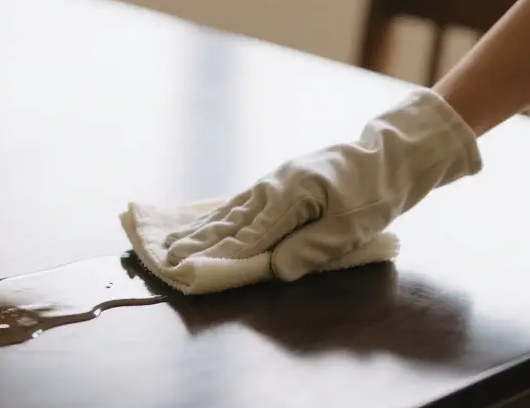 Cleaning wooden furniture with soft cloth and wood-safe cleaner